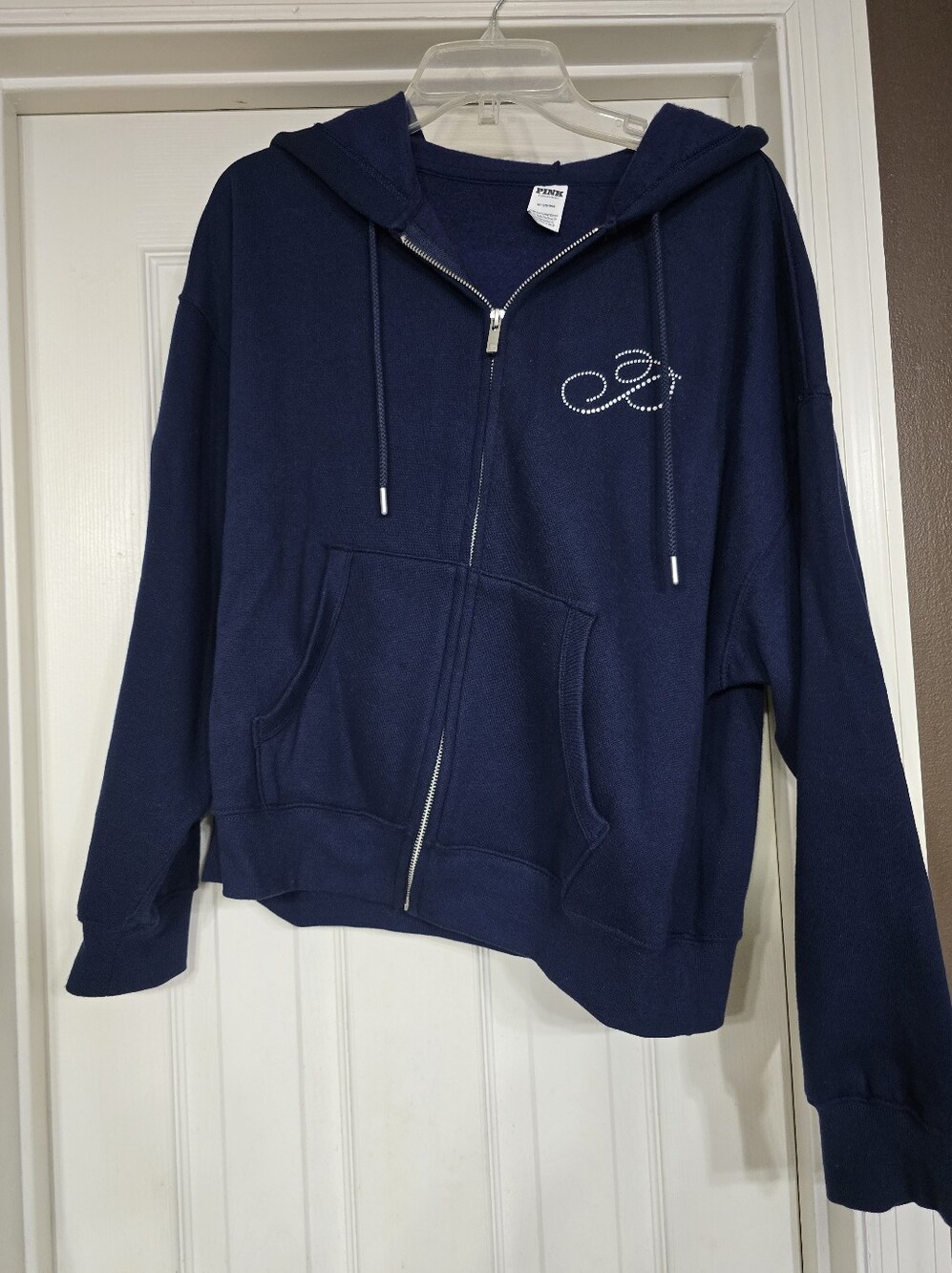 PINK Navy Zip-Up Hoodie with Rhinestone Script